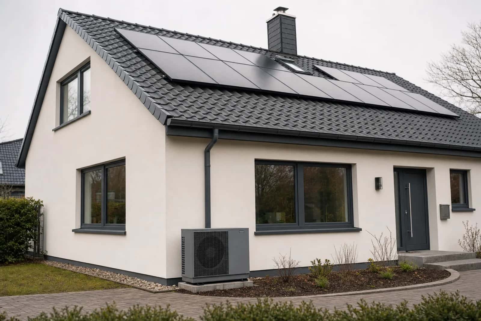 Energetisch saniertes Einfamilienhaus mit gedämmter Fassade, neuen Fenstern, Wärmepumpe und Photovoltaik auf dem Dach