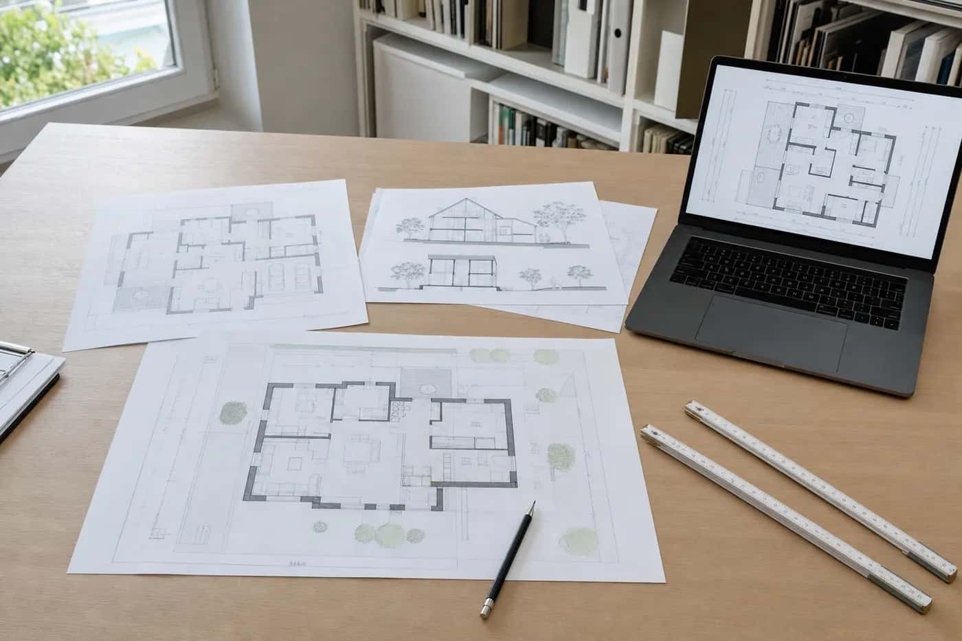 Architektenschreibtisch mit ausgebreiteten Grundrissen, Zollstock und Bleistift, daneben ein Laptop mit Grundriss